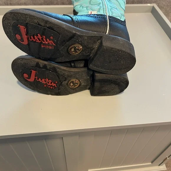 JUSTIN GYPSY COWBOY WESTERN BOOTS TURQUOISE /BLACK LEATHER SIZE 8 JUST BROKEN IN - Picture 3 of 7
